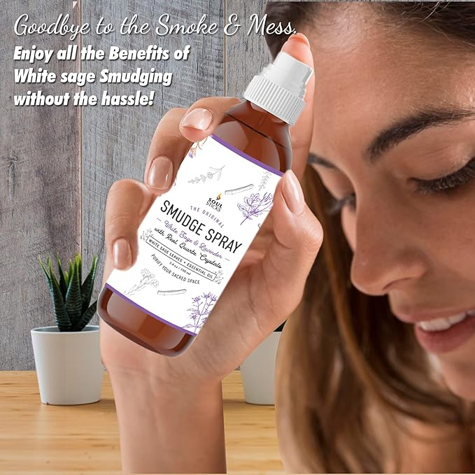 SOUL STICKS White Sage Lavender Smudge Spray 3.5oz Smokeless Mist with Quartz Crystals Calming Essential Oil Spray for Sleep, Stress Relief, Meditation, and Energy Cleansing