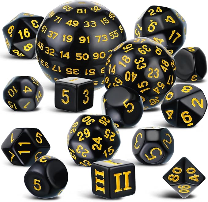 Civaner 15 Pcs Complete Polyhedral Dice Set D3-D100 Spherical RPG Dice Set in Opaque Black, 100 Sides for Role Playing Table Games Party Supplies(Black and Yellow)