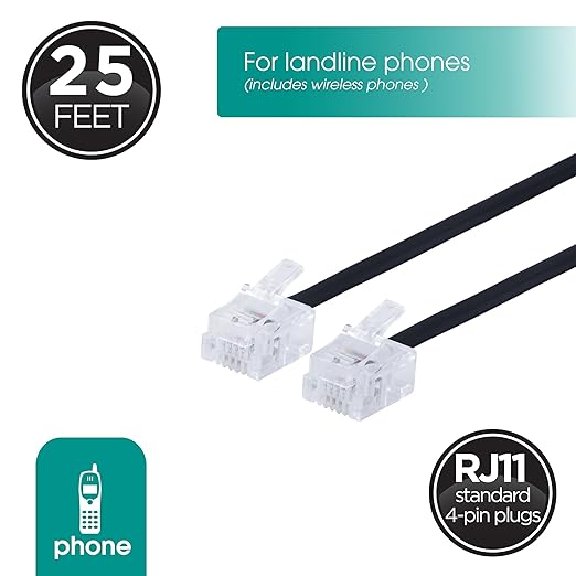 Power Gear Telephone Line Cable, 25 feet, Black Phone Cable, Modular Ends, Works for Phone, Modem or Fax Machine, For Home or Office Use, 76580