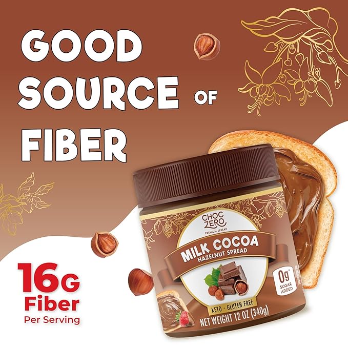 ChocZero Milk Chocolate Hazelnut Spread - Keto Friendly, No Sugar Added, Best Low Carb Dessert, Perfect Topping for Almond Flour Pancakes, Naturally Sweetened with Monk Fruit (1 jar, 12 oz)