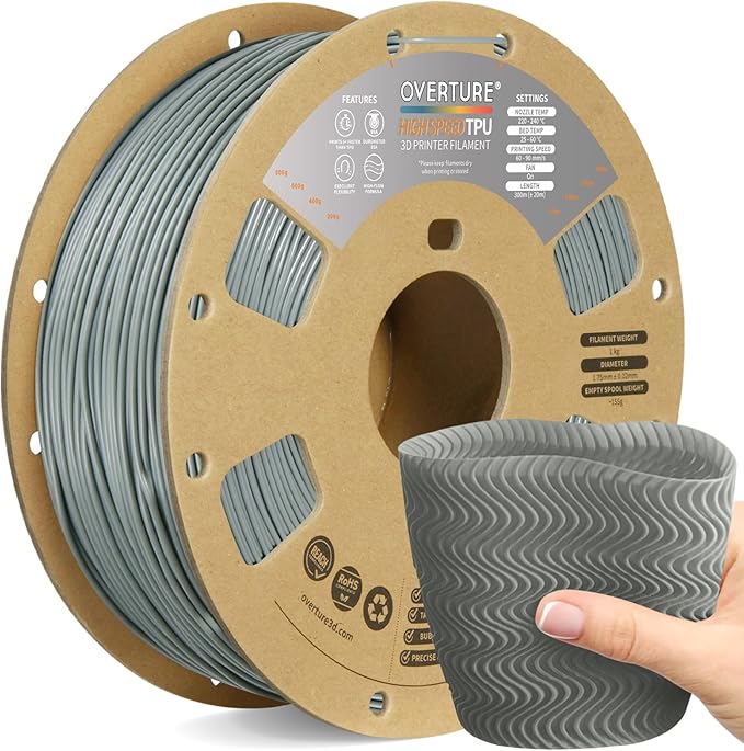 OVERTURE TPU High Speed Filament 1.75mm Flexible Roll, 95A Soft 3D Printer Filament, 1kg Spool (2.2 lbs), Fit Most FDM Printer (HS TPU Gray)