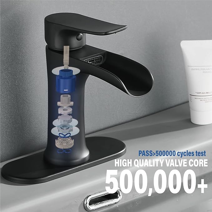 Yundoom Matte Black Bathroom Faucet,Bathroom Sink Faucet,Waterfall Bathroom Faucet,Single Hole Or 3 Hole Bathroom Faucet with 4 Inch Deck Plate,Farmhouse Rv Brass Bathroom Faucet,BF02.