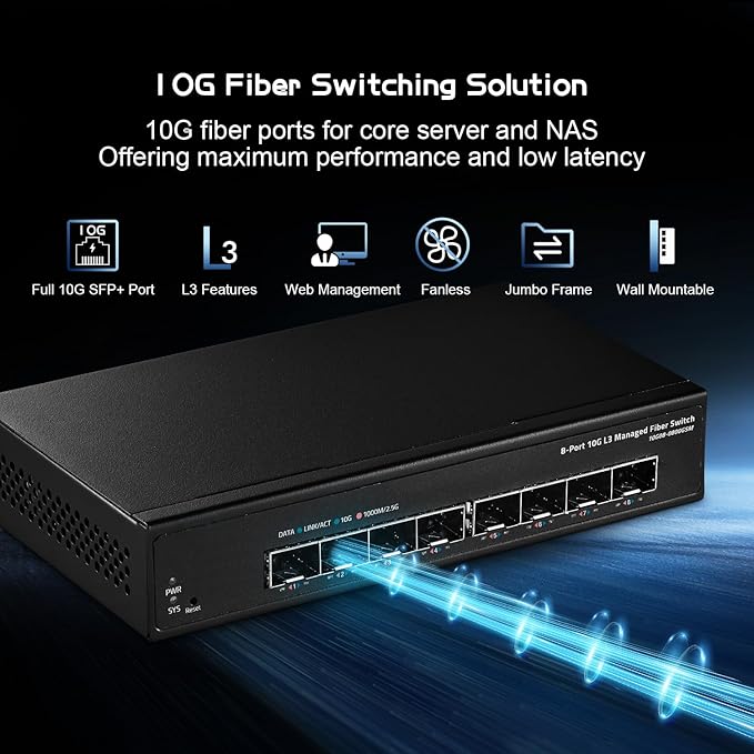 Binardat 8 Port 10 Gigabit SFP Managed Switch, Support 1G10G SFP Module, 160Gbps Bandwidth, WebCLI L3 Managed, Metal Fanless Fiber Desktop Network Switch