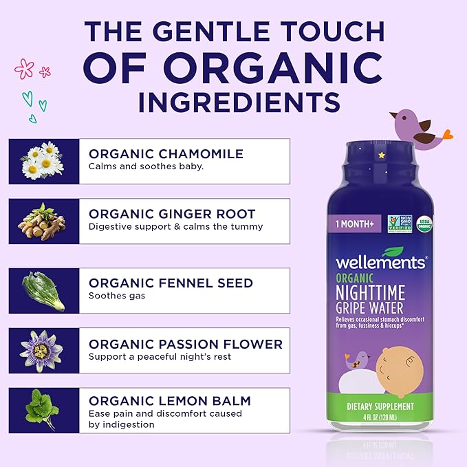 Wellements Organic Nighttime Gripe Water for Babies 1 Month (4 Fl Oz) - Baby Gripe Water for Bedtime Relief Gas, Colic Fussiness - Herbs Promote a Peaceful Nights Sleep - USDA Certified Non GMO