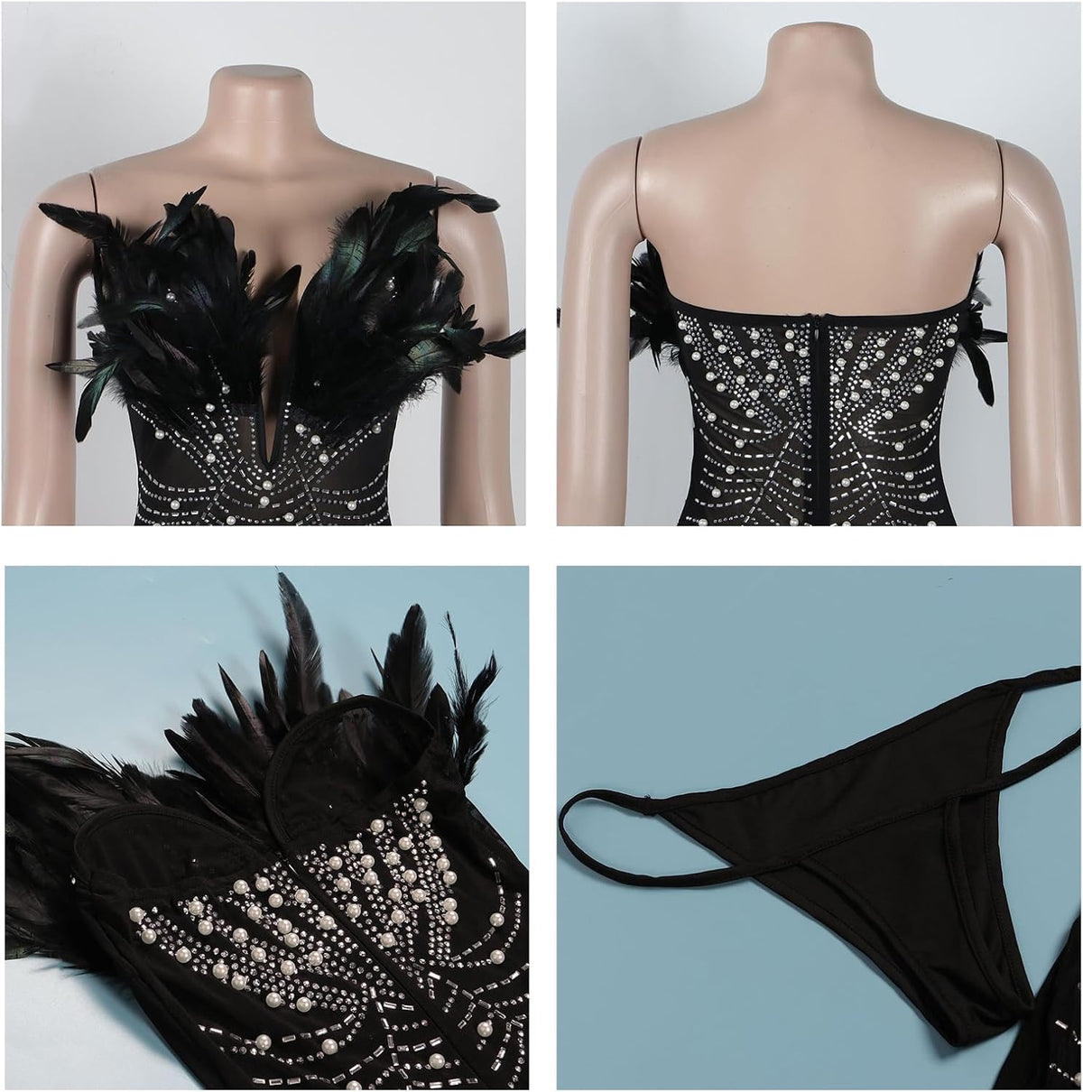 Yuopeid Women's Deep V Neck Mini Bodycon Dresses Sleeveless Rhinestone Feather Sexy Mesh Birthday Party Strapless Dress.