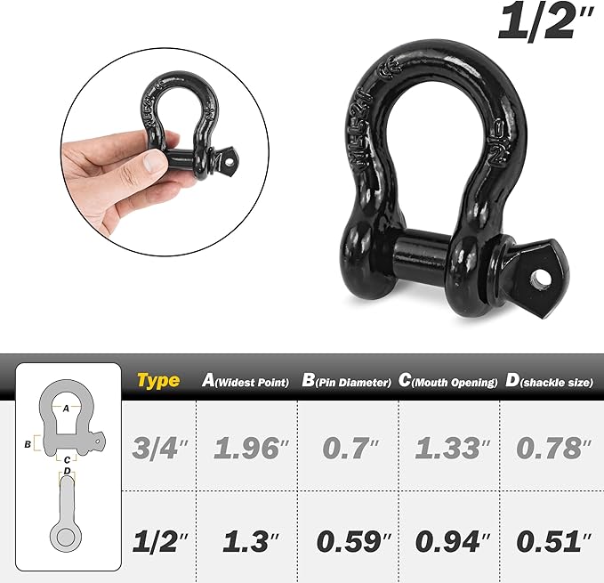 D Ring Shackles, 12" Clevis Shackle with 916" Screw Pin 26,400Ibs Break Strength, Rugged Off Winch Shackle Heavy Duty Shakcles (Black) Accessories for Jeep Pickup Trucks SUV Trailer ATV UTV