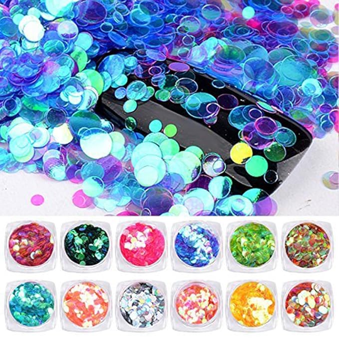 Nail Art Round Mermaid Glitter Sequins with Broken Shell Glass Paper Candy Foil Paillette Flakes DIY Tips 2 Set