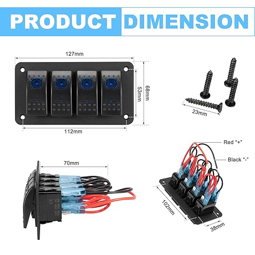 BUNKER INDUST 4 Gang Rocker Switch Aluminum Panel with Blue LED Light Waterproof 5 Pin On Off Toggle Switches for 12V24V Marine Boat RV Truck Car ATVs