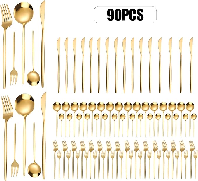 Gold Silverware Set, 90 Piece Golden Cutlery Set Service for 18, Stainless Steel Flatware Set Include Spoons Forks Knives Tableware Utensil Set, Mirror Polished, Dishwasher Safe