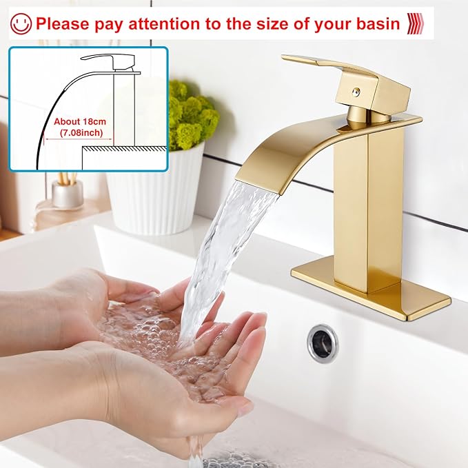 Midanya Bathroom Sink Faucet, Waterfall Nozzle, Single Handle, 1 Hole, Deck Mount, Commercial Vanity Mixer Faucet with Fold-Out Drain, Short, Brushed Gold
