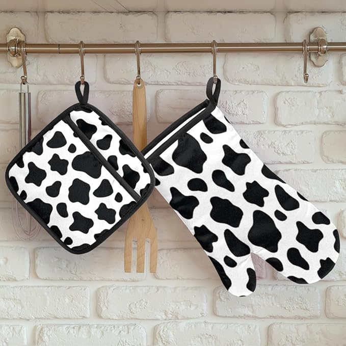 Cow Oven Mitts Set, Kitchen Oven Mitts and Pot Holders Set, Heat Resistant Hot Pads and Oven Mittsfor Baking Cooking Grilling BBQ
