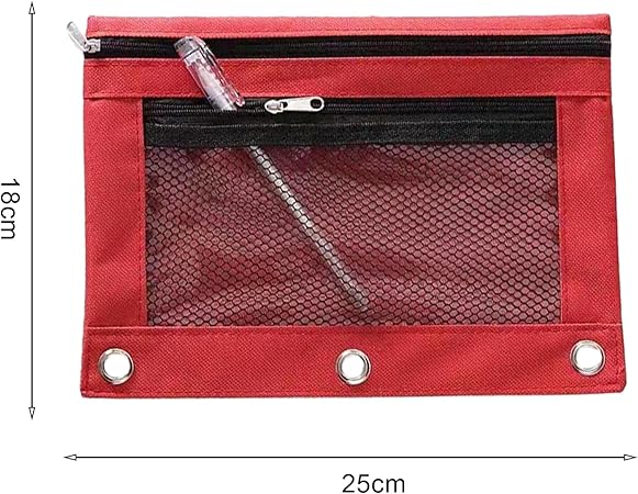 Pencil Bag Office Storage Pouch Mesh Windows Zippered Stationery Storage Bag for Pencils Large Capacity Durable Fabric Pouch Red