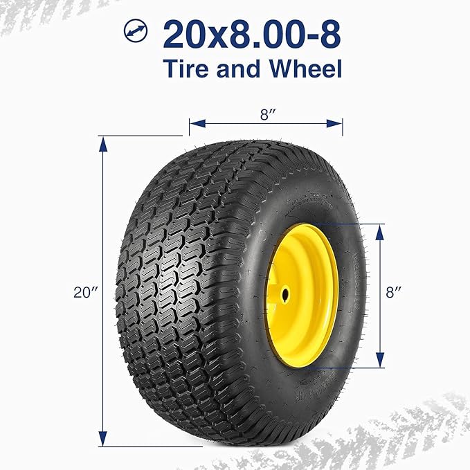 MaxAuto 20x8.00-8 Lawn Mower Tires 20x8x8 Lawn Tractor Tire 20x8-8 Turf Tire with Rim, 3.5" Offset Hub, 34" Bore with 316" Keyway, 4 Ply, 965lbs Capacity, Pack of 2 Tubeless Tires