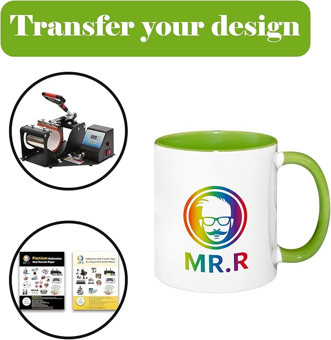 MR.R 11oz Sublimation Blank Coffee Mugs,Cup Blank White Mug Cup with Green Color Mug Inner and Handle,Set of 2