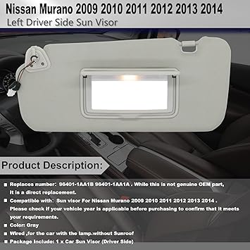 Left Driver Side Sun Visor Compatible with Nissan Murano 2009 2010 2011 2012 2013 2014 Sunshade Replacement 96401-1AA1B (Gray)