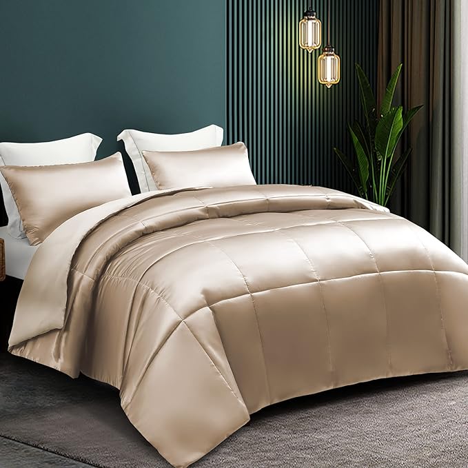 Whale Flotilla 3-Piece Reversible Silky Soft Queen Comforter Bedding Set, Luxurious Satin Comforters Full Size with 2 Satin Pillowcases, Lightweight Duvet for All Seasons, Champagne