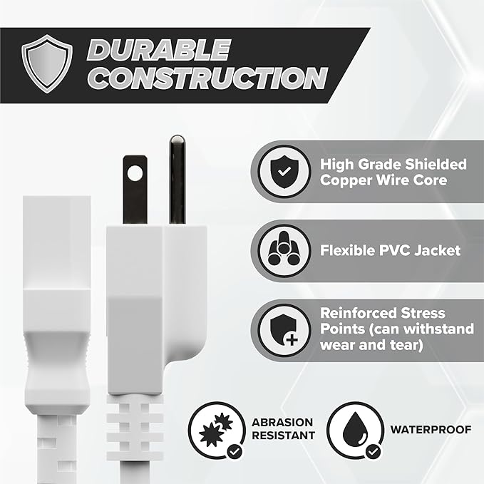THE CIMPLE CO 4 Feet, White - 3 Prong AC Power Cable for Computer, Medical, Server, Desktop - C13 Power Supply Cord - NEMA 5-15P to C13 IEC 320 - (1.2 Meter)