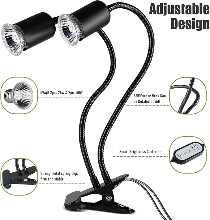 Reptile Heat Lamp, Double-Head Heat Lamp with Clamp, UVA UVB Reptile Light with Intelligent Cycle Timer for Turtle, Bearded Dragon, Lizard and More, 2 Bulbs 25W50W