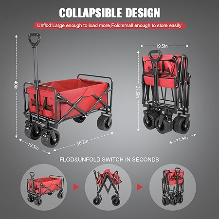 Collapsible Foldable Beach Wagon,Folding Wagon Cart with Big Wheels,Utility Grocery All Terrain Wagons carts Foldable with Brakes for Sand Camping Sports Outdoor(Rose Red).