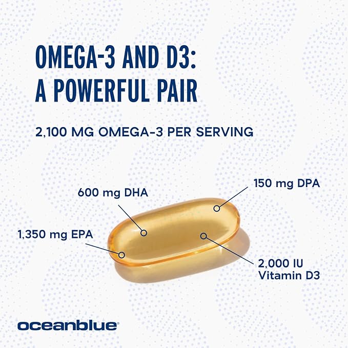 Oceanblue Professional Omega-3 2100 with Vitamin D3 60 ct Triple Strength Burpless Fish Oil Supplement with High-Potency EPA, DHA, DPA and Vitamin D3 Wild-Caught Vanilla Flavor (30 Servings)