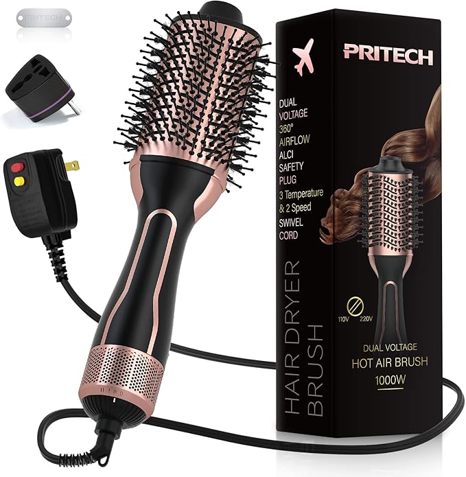 Dual Voltage Hair Dryer Brush, PRITECH Hot Air Brush 110V-120V/220V-240V Ionic 1000W Blow Dryer Brush 4 in 1 Styler, One Step Volumizer, Styling Brush for Straight and Curling Hair Salon