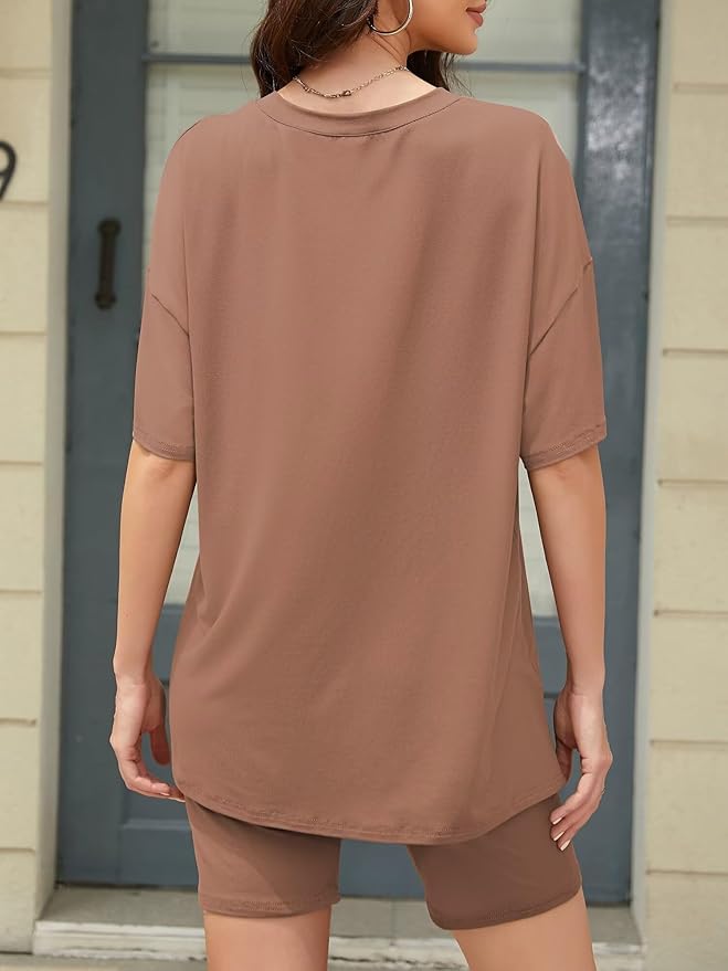 Women's 2 Piece Lounge Sets Summer V Neck Oversized Short Sleeve Tshirts Biker Shorts Matching Travel Outfits