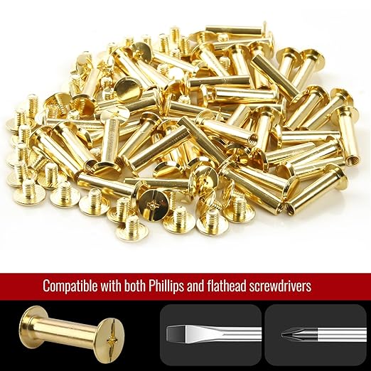 Chicago Binding Screws - 5mm x 12mm Binding Posts - 9.5mm Phillips Nut - Chicago Screw Binding Post Screw Kit for DIY Leather Decoration Scrapbook Photo Albums Bookbinding (Gold, 50 PCS)