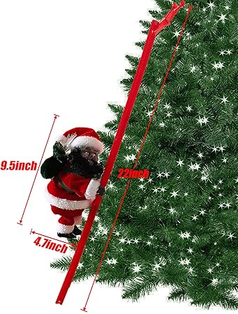Black Santa Claus Climbing Ladder to Christmas Tree, African American Santa Christmas Decoration with Music Lights, Include Instructions for Tree Hanging Ornament, Xmas Gift