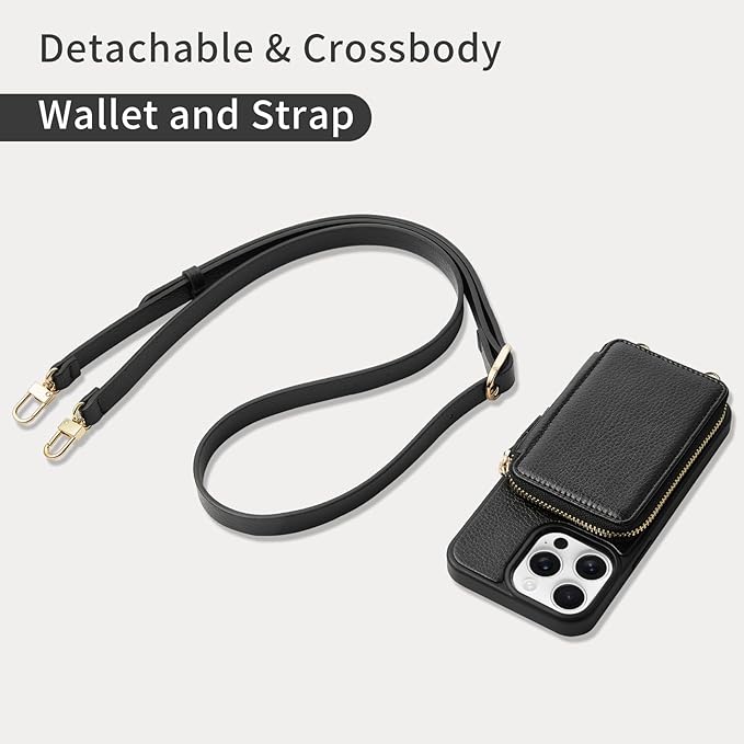 ZVE for iPhone 13 Pro Max Wallet Case, Card Holder Crossbody Phone Case for Women, Zipper Leather Purse with Wrist Strap, RFID Blocking Cover for iPhone 13 Pro Max (6.7 inch, 2021)- Black