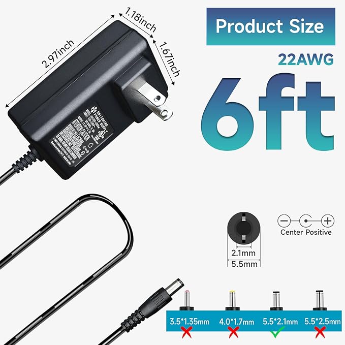 UL Listed 12V 2A 24W 6ft Long Power Supply Adapter, AC DC Switching Adapter (Input 100-240V, Output 12Volt 2Amp 2000mA), DC 12V 5.5x2.1mm Wall Mount Transformer Charger Plug