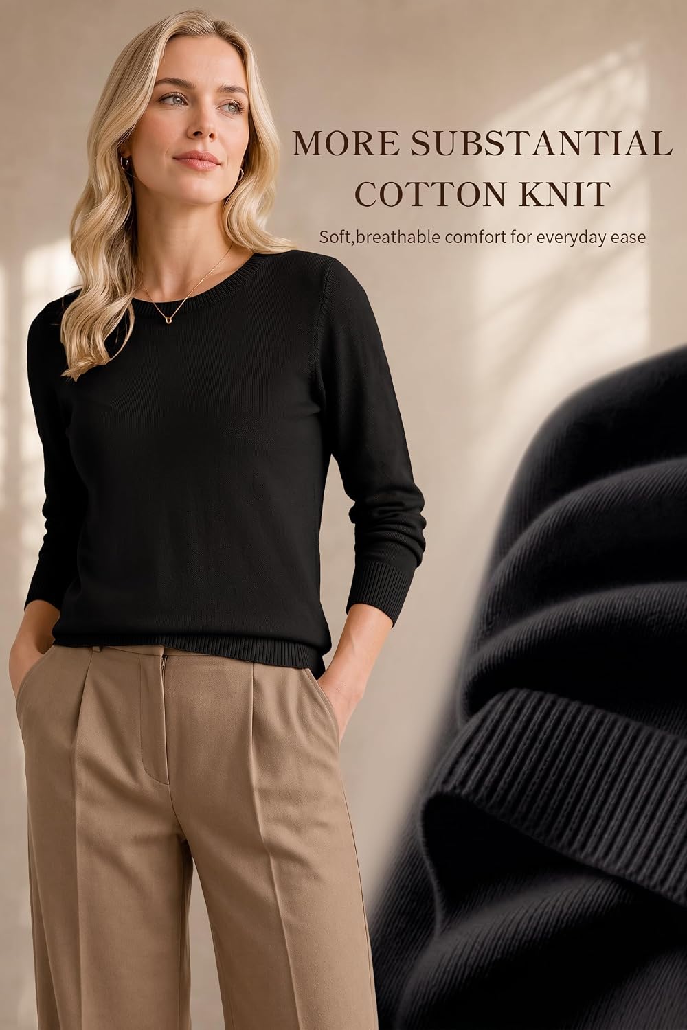 QUALFORT Women's 100% Cotton Sweater Midweight Long Sleeve Soft Knit Pullover Sweater 2026 Fall Winter Tops.