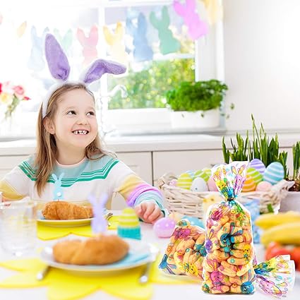 Chuangdi 100 Pack Easter Treat Bags Bunny Candy Cellophane Bag Easter Egg Goodie Cooikes Gift for Party Favor Supplies(Rabbit Style)