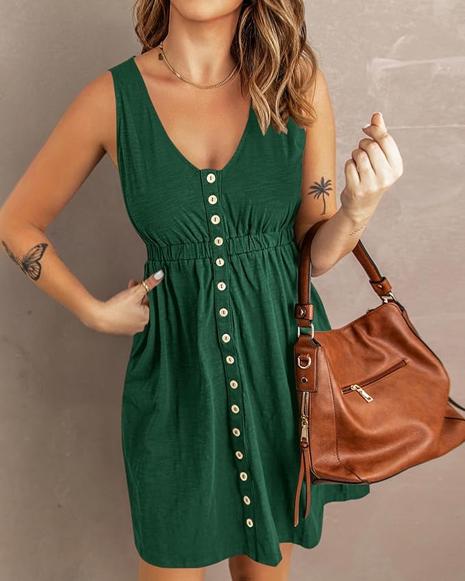 BTFBM Women Sleeveless Summer Dress 2025 Crewneck Ribbed Knit Ruffle Swing Button Down Beach Sun Mini Tank Short Dresses