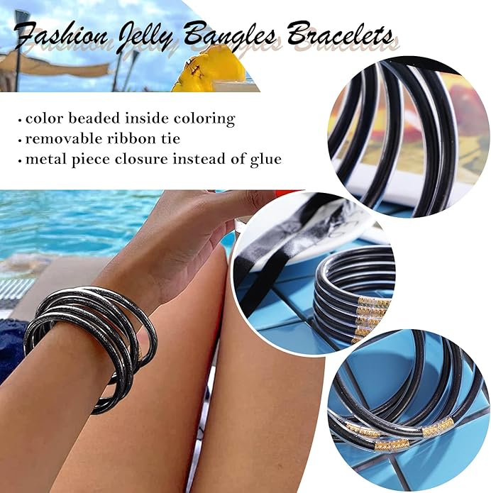 MJartoria Glitter Jelly Bangles Bracelets Set Glitter Filled Jelly Silicone Bracelets for Women