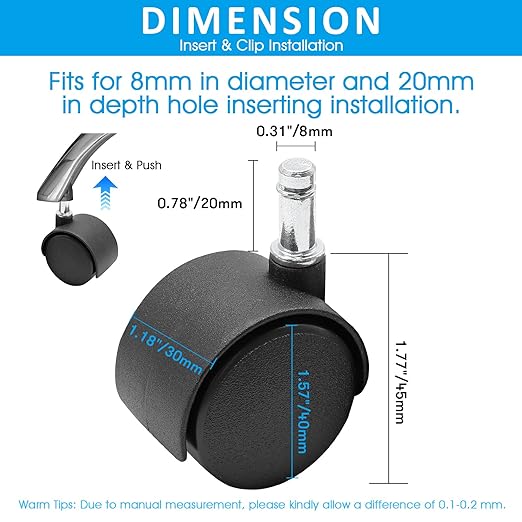 5pcs 1.5 Inch Swivel Caster Wheels, M8 Circlip Stem Caster Wheels, Heavy Duty Casters, Black Nylon Wheels Replacement for Furniture, Table, Cabinet, Shelf