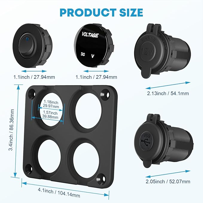 Upgraded Kohree 12V USB Outlet with Individual Switch, 4 in 1 USB C Marine Socket Panel Waterproof Rocker Toggle Switches with QC3.0 USB & Type C PD Port, Cigarette Lighter Socket for RV Marine Boat