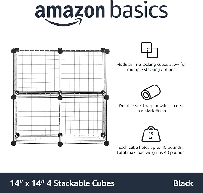 Basics 4 Cube Storage Organizer - Wire Grid Closet and Shelves, Stackable, Black 14"x14"x14"