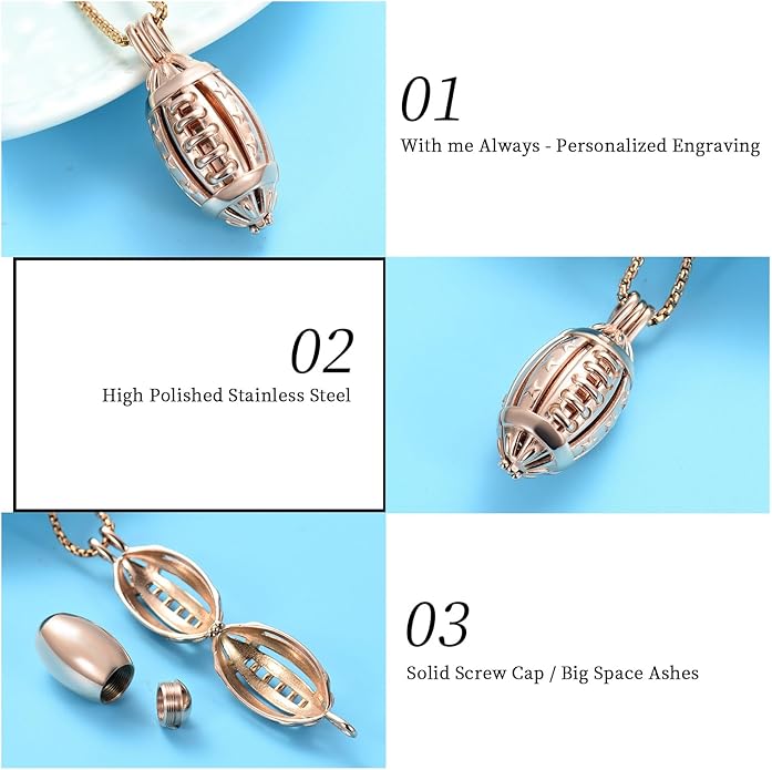 Oinsi American Football Cremation Locket Necklace For Ashes Of Loved Ones Stainless Steel Memorial Urn Jewelry Women Men Keepsake Fashion Necklace