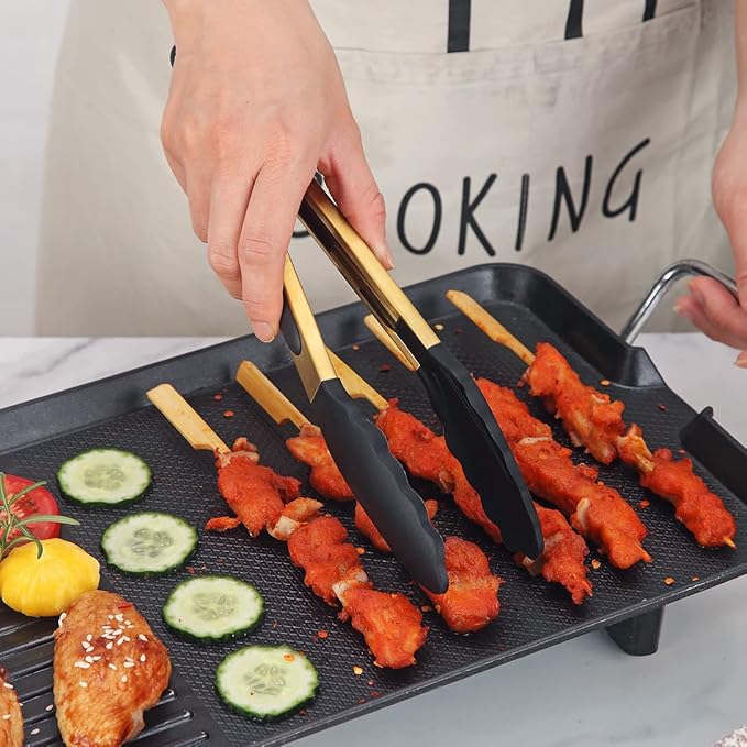 Kitchen Tongs for Cooking Grill BBQ, Kyraton Stainless Steel 9" Cooking Tongs Heat Resistant Handle Non Slip, Kitchen Tongs with Silicon Tips for Salad,Ice,Fry, Serving,Oven. (Gold)