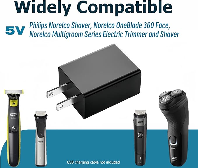 Philips Norelco USB Charger for Shavers 2400, 3600, 3900 Multigroom Series 5000, 7000 - OneBlade QP2724 Trimmer Shaver - USB Wall Adapter 5V