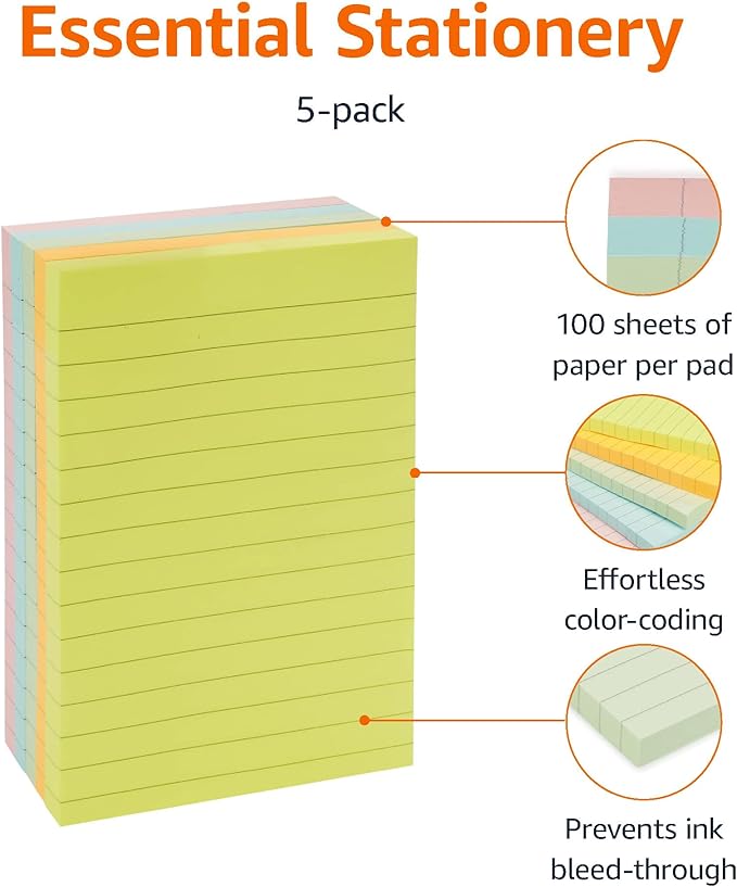 Basics Sticky Note Pads, Lined, 4x6, Rectangular, Assorted Colors, Pack of 5