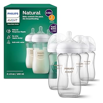 Philips Avent Natural Glass Baby Bottles with Natural Response Nipples (Medium Flow, Flow 3), 8oz, 4-Pack, SCY91304