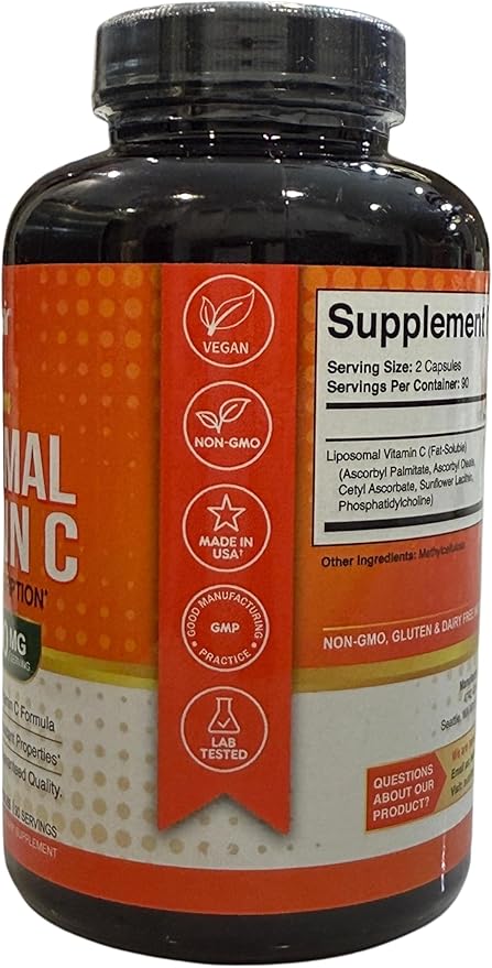 NutriFlair Liposomal Vitamin C, 180 Capsules - High Absorption, Fat Soluble VIT C, Antioxidant Supplement, Higher Bioavailability Immune System Support Collagen Booster, Non-GMO, Vegan Pills