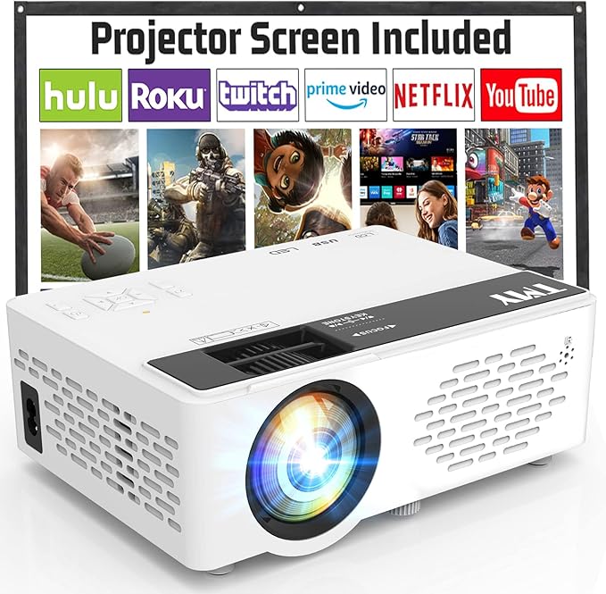 TMY Mini Projector, Upgraded Bluetooth Projector with Screen, 1080P Full HD Portable Projector, Movie Projector Compatible with TV Stick SmartphoneHDMIUSB, indoor outdoor use