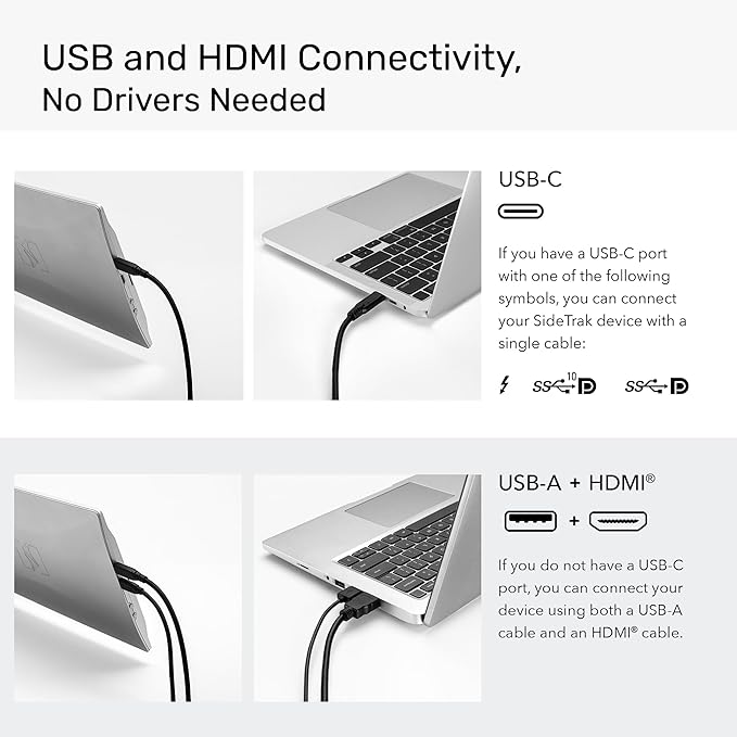 SideTrak Swivel 14" Patented Attachable Portable Monitor for Laptop FHD TFT Laptop Dual Screen Mac, PC Chrome Compatible Fits All Laptops Powered by USB-C or Mini HDMI (Light Silver)