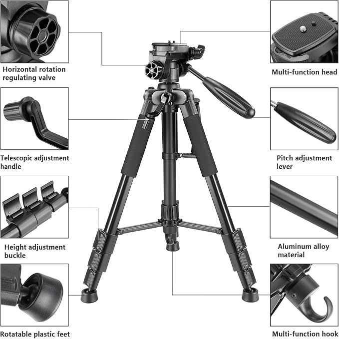 Neewer Portable 56 inches142 centimeters Aluminum Camera Tripod with 3-Way Swivel Pan Head,Bag for DSLR Camera,DV Video Camcorder Load up to 8.8 pounds4 kilograms Black(SAB234)