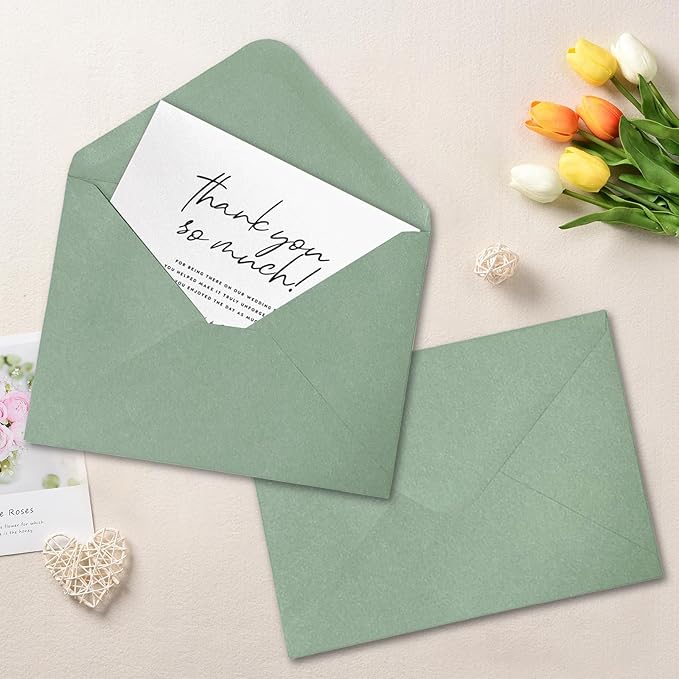 50 Packs Sage Green A7 Envelopes for Invitations, Ribetween 5x7 Envelopes with V Flap, Great for Graduation, Baby Shower, Birthday, Festival, Handmade card, Mailing, Wedding, and Greeting Cards