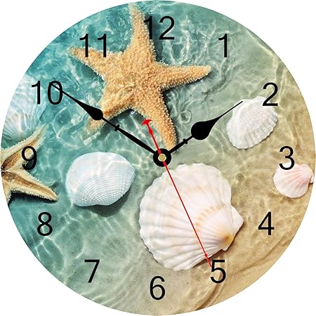 TAHEAT Marine Seashell Starfish Wall Clock, Silent Non Ticking Decorative Clocks, Battery Operated Easy to Read Wall Clock for Home Office School, 14 Inch