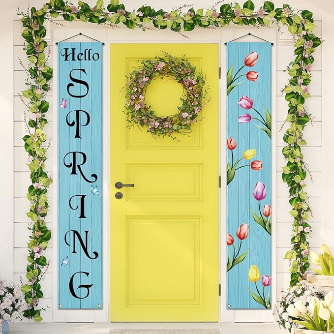 Tulips Spring Porch Banner Spring Party Sign Front Door Banner for Home Yard Indoor Outdoor Hanging Decoration