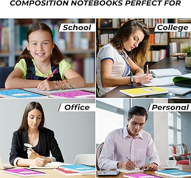 5 Pack Composition Notebook Wide Ruled, 200 Pages (100 Sheets), 9-34x7-12, Notebooks for Work, Back to School Supplies, Hard Cover Composition Books, Notebooks for Women, Colors May Repeat